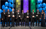 Stellar Award Winners  Late Career - L to R: Mark Vande Hei (presenting), Federico Merheb, William A. Johns, Don R. Wilbanks, Dr. Tushar K. Ghosh, Gary F. Stewart, Brian Sutter, Stanley A. Bouslog, Shannon Walker (presenting). Not pictured: Dr. Louis Ghosn, William D. Manha.
